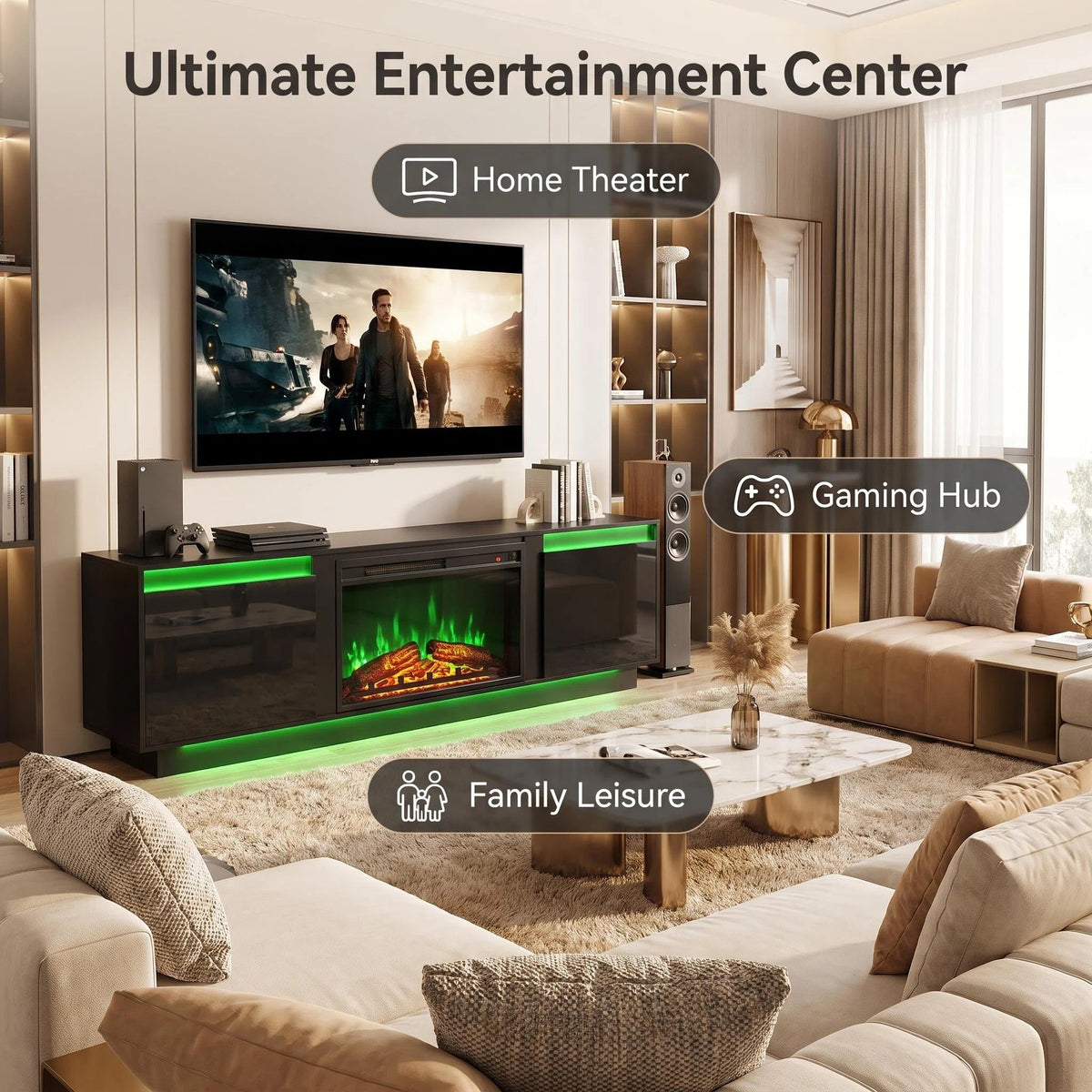 Tydimor TV Stand for TVs up to 70", Electric Fireplace Entertainment Center with Bottom LED Ambient Light, Media Console Cabinet with Side Storage Cabinets for Living Room