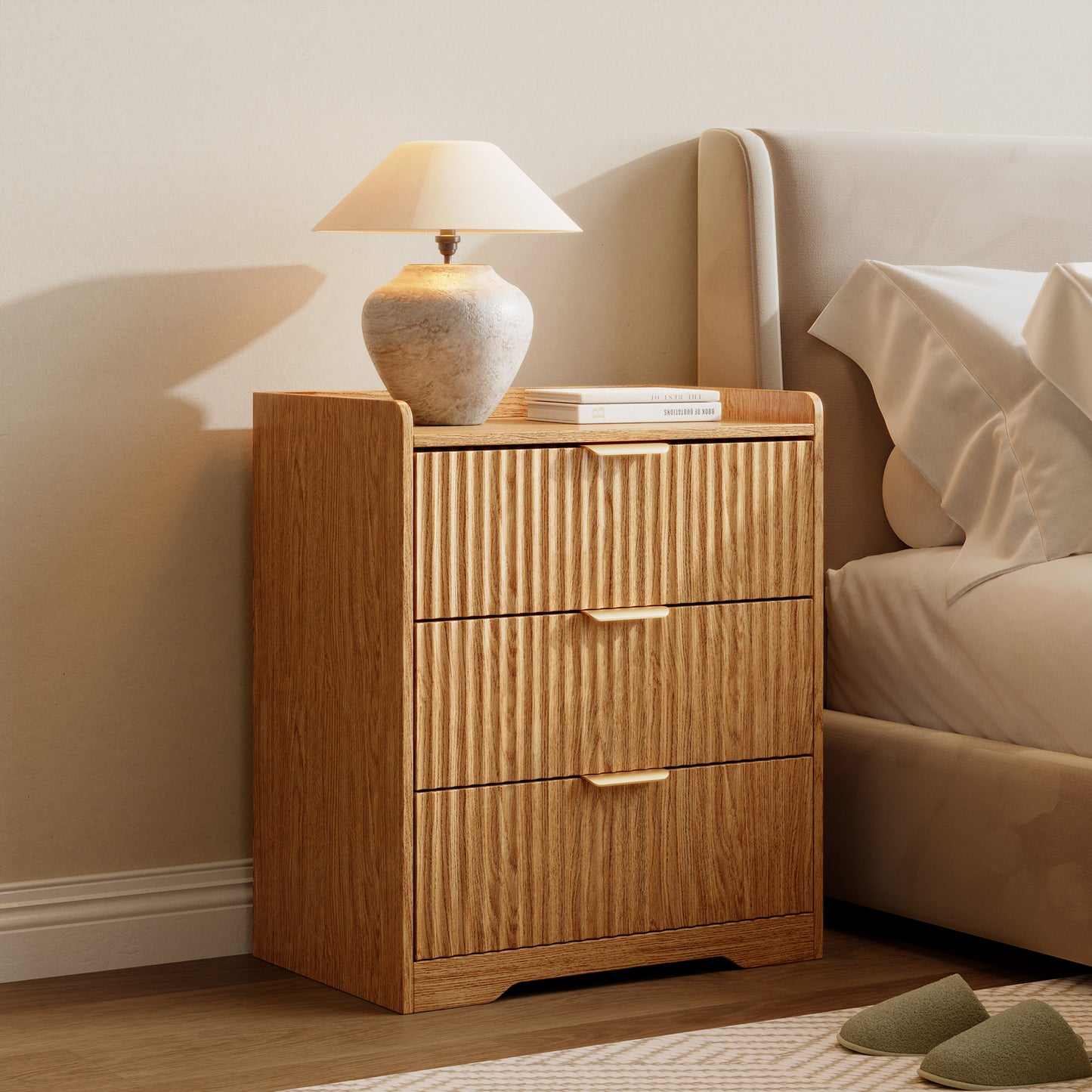 Tydimor Modern Nightstand with 3 Wooden Drawers, Bedside Table for Living Room, Wooden Finish,Set of two