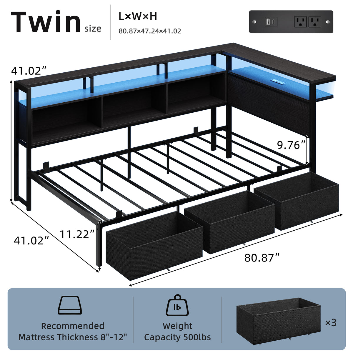Satifur Twin Bed Frame with L-Shaped LED Headboard, Charging Station & 3 Storage Drawers, Metal Platform Bed with Storage Shelves & Wooden Slats, Black Wood Grain