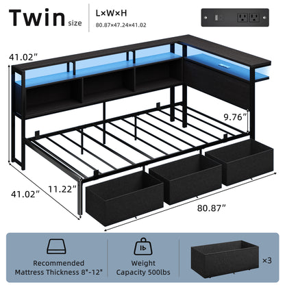 Satifur Twin Bed Frame with L-Shaped LED Headboard, Charging Station & 3 Storage Drawers, Metal Platform Bed with Storage Shelves & Wooden Slats, Black Wood Grain