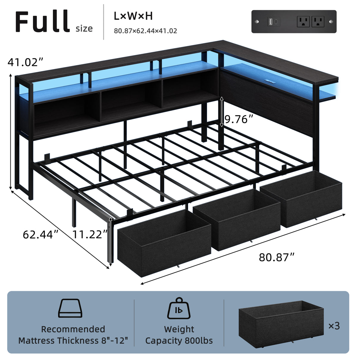 Satifur Full Bed Frame with L-Shaped LED Headboard, Charging Station & 3 Storage Drawers, Metal Platform Bed with Storage Shelves & Wooden Slats, Black Wood Grain