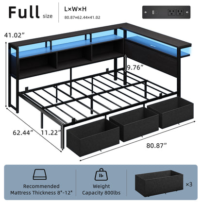Satifur Full Bed Frame with L-Shaped LED Headboard, Charging Station & 3 Storage Drawers, Metal Platform Bed with Storage Shelves & Wooden Slats, Black Wood Grain