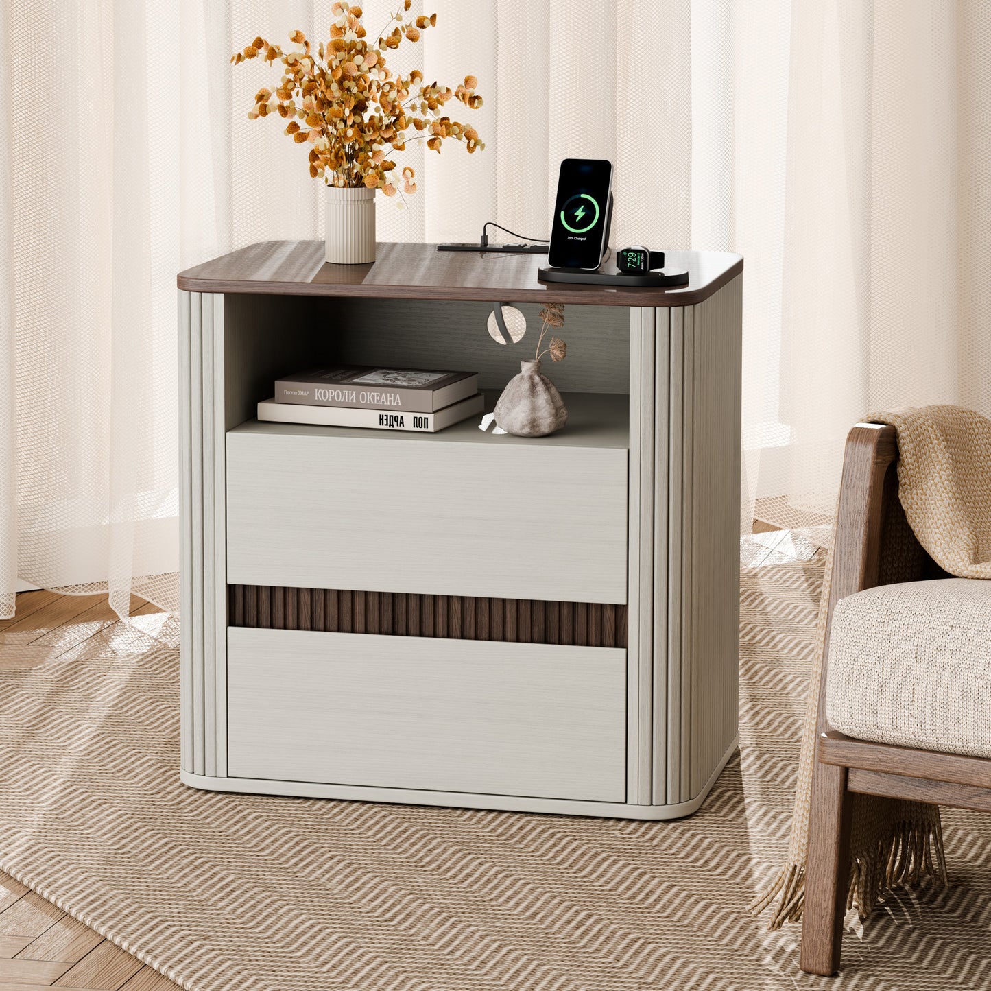 Satifur Wooden Nightstand with Charging Station, 2 Drawers Bedside Table, Storage End Table for Bedroom Living Room, Off-White