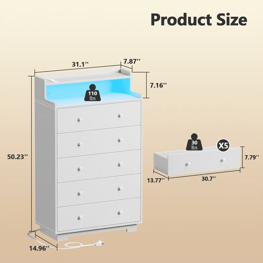 TYDIMOR Tall Dresser for Bedroom - 5 Large Wooden Drawers, White Chests of Drawers Organizer