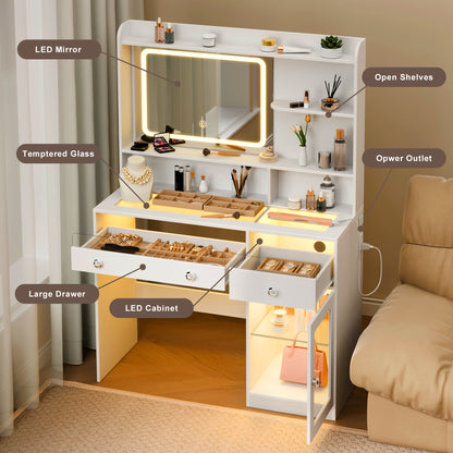 Satifur Modern LED Vanity Desk with Charging Station & Storage, White Makeup Table for Bedroom