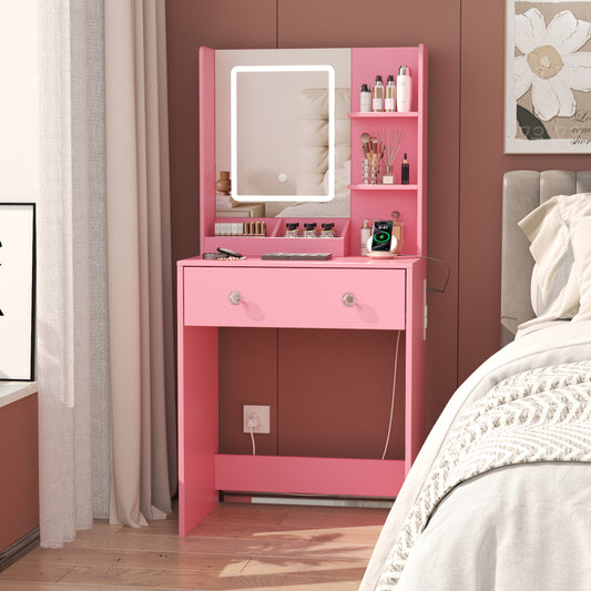 Satifur Vanity Desk with Mirror & Lights, GRWM Vanity with Drawers & Storage Shelves, Makeup Dressing Table with Charging, Pink