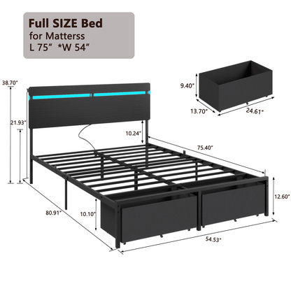 Tydimor Full Size Bed Frame with 2 Drawers & LED Lights & Charging Station, Beds with Headboard & 10.10" Under Bed Storage, No Box Spring Needed, Easy Assembly, Black