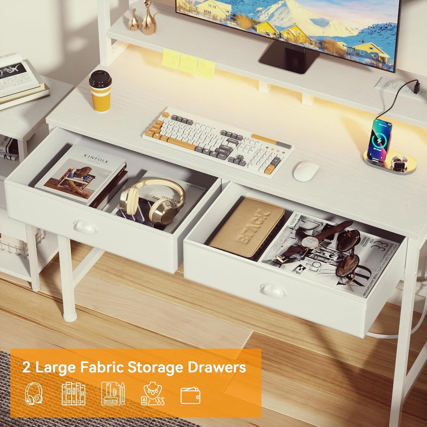 Furologee Small White Computer Desk with Power Outlet and 2 Fabric Drawers, Makeup Vanity Desk with LED Light, Home Office Desk with Monitor Stand, Gaming Desk with Hutch for Small Space