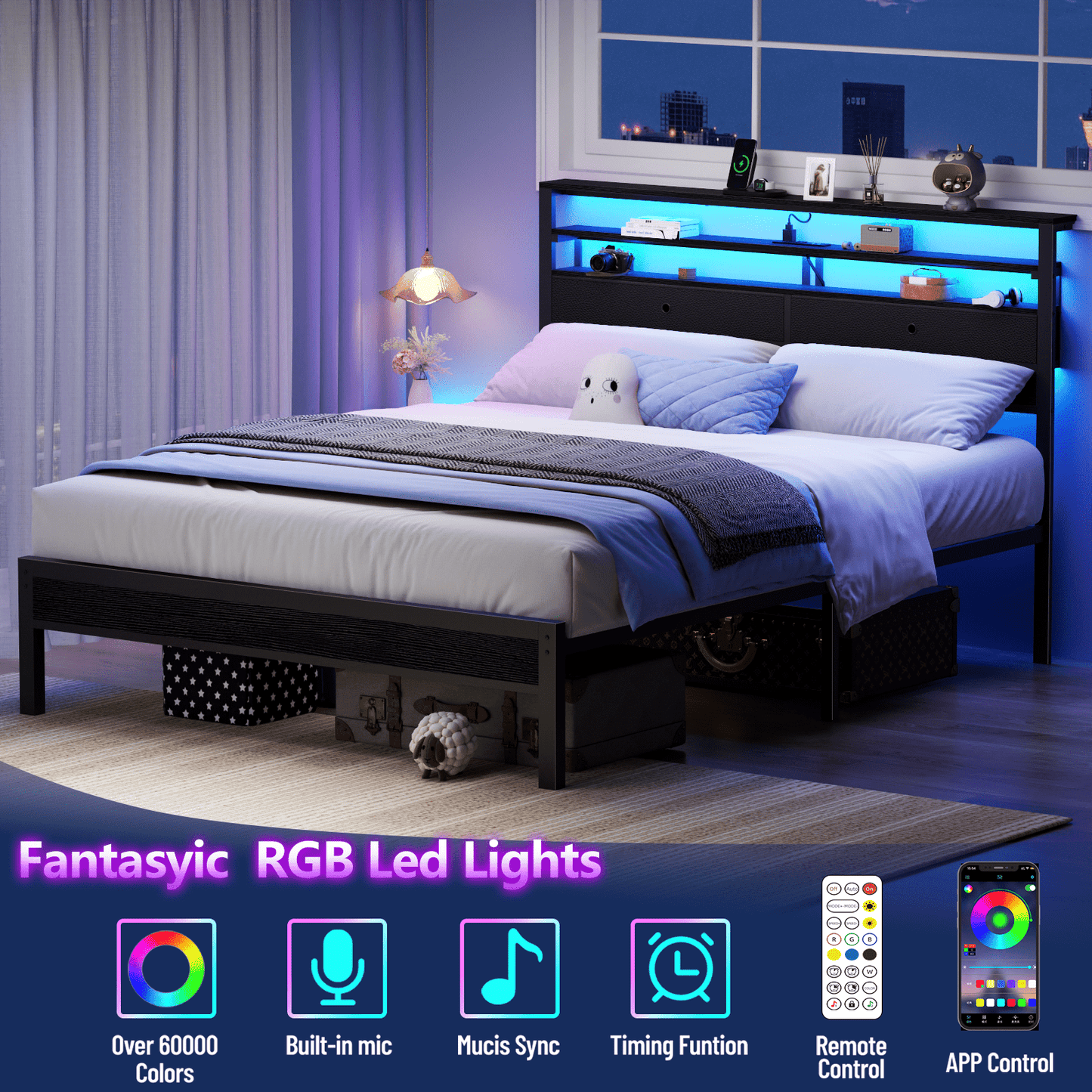 Tydimor Queen Size Bed Frame with 2 Storage Drawers Headboard, LED & Charging Station, Black oack