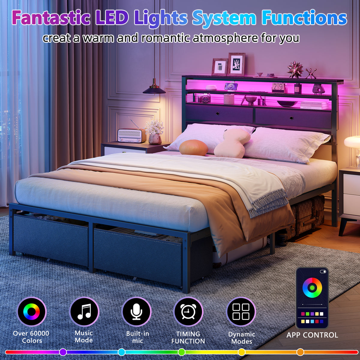 Satifur LED Full Bed Frame with Storage Headboard and Drawers,Heavy Duty Platform Bed with Charging Station, No Box Spring Needed