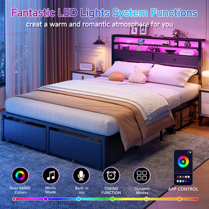 Satifur LED Queen Bed Frame with Storage Headboard and Drawers,Heavy Duty Platform Bed with Charging Station, No Box Spring Needed