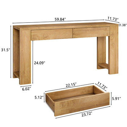 Satifur 60 Inch Wooden Console Table, Narrow Sofa Table Behind Couch with 2 Storage Drawers & 1.38" Thickened Tabletop, Long Entryway Table for Living Room Hallway, Natural Oak