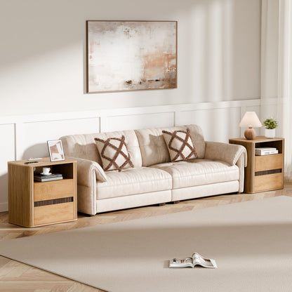 Satifur Wooden Nightstand with Charging Station, 2 Drawers Bedside Table, Storage End Table for Bedroom Living Room, Natural Wood