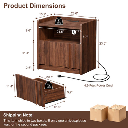 Satifur Set of 2 Nightstands with Charging Station, 1‑Drawer Bedside Tables with Open Storage Shelf, Built‑in 2 AC Outlets USB‑A & Type‑C Power Station, CARB P2 MDF End Tables for Bedroom Living Room