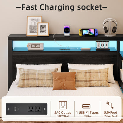 Satifur Full Bed Frame with L-Shaped LED Headboard, Charging Station & 3 Storage Drawers, Metal Platform Bed with Storage Shelves & Wooden Slats, Black Wood Grain