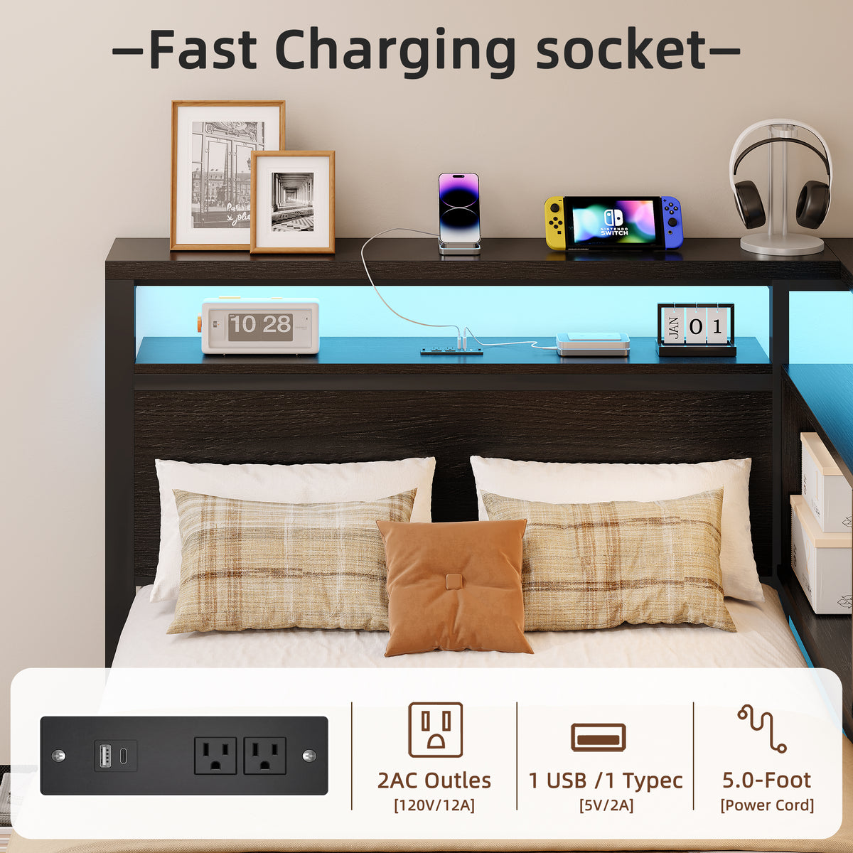 Satifur Twin Bed Frame with L-Shaped LED Headboard, Charging Station & 3 Storage Drawers, Metal Platform Bed with Storage Shelves & Wooden Slats, Black Wood Grain