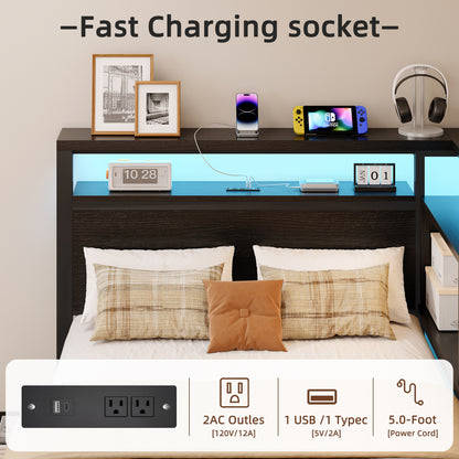 Satifur Twin Bed Frame with L-Shaped LED Headboard, Charging Station & 3 Storage Drawers, Metal Platform Bed with Storage Shelves & Wooden Slats, Black Wood Grain