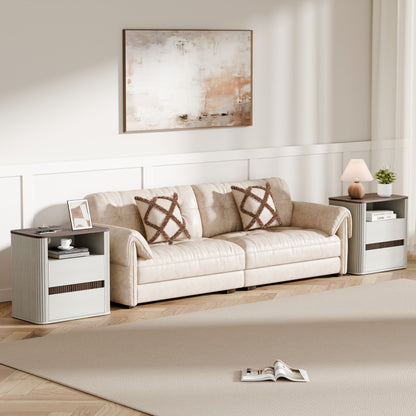 Satifur Wooden Nightstand with Charging Station, 2 Drawers Bedside Table, Storage End Table for Bedroom Living Room, Off-White