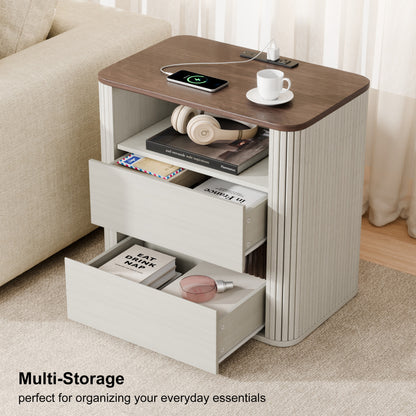 Satifur Wooden Nightstand Set of 2 with Charging Station, 2 Drawers Bedside Table, Storage End Table for Bedroom Living Room, Off-White