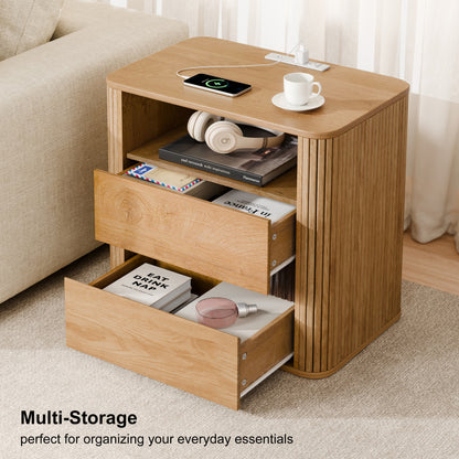 Satifur Wooden Nightstand Set of 2 with Charging Station, 2 Drawers Bedside Table, Storage End Table for Bedroom Living Room, Natural Wood
