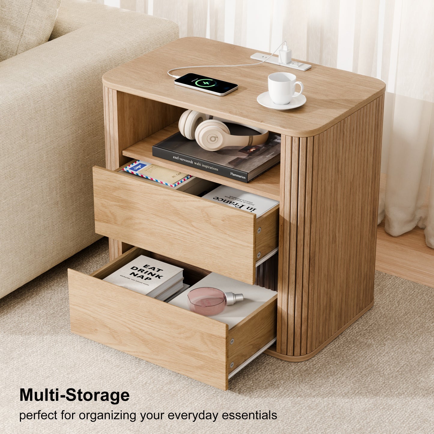 Satifur Wooden Nightstand with Charging Station, 2 Drawers Bedside Table, Storage End Table for Bedroom Living Room, Oak