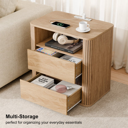 Satifur Wooden Nightstand with Charging Station, 2 Drawers Bedside Table, Storage End Table for Bedroom Living Room, Oak