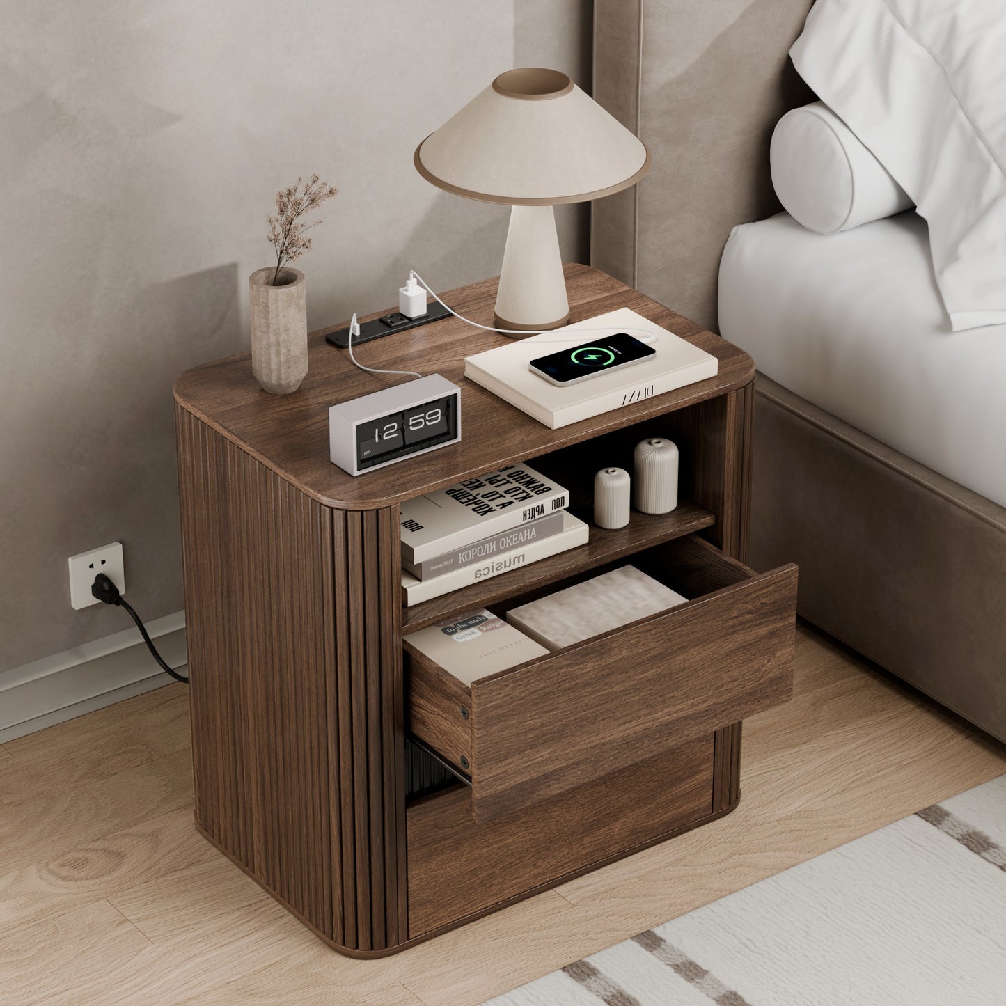 Satifur 2-Drawer Fluted Nightstand, Wood Bedside Table with Charging Station, End Table for Living Room Bedroom,Walnut,Set of 2