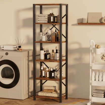 Satifur Bookshelf Bookcase Organizer with 6 Shelves for Living Room Bedroom Kitchen Garage,Rustic Brown