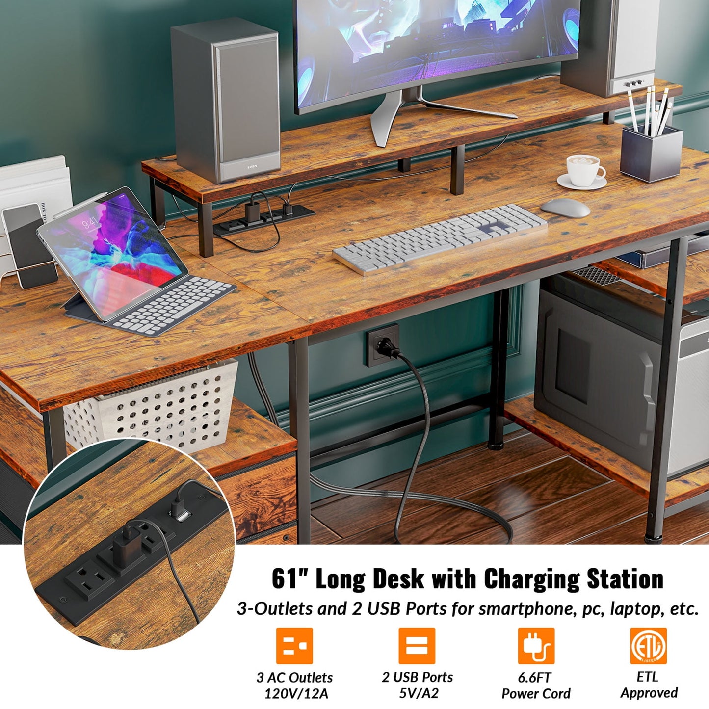 Furologee Computer Desk with Outlet & USB Ports, Gaming Desk with LED, Reversible Desk with File Cabinet & Drawer, Large Desk Writing Table with Monitor Stand for Home Office, Rustic Brown