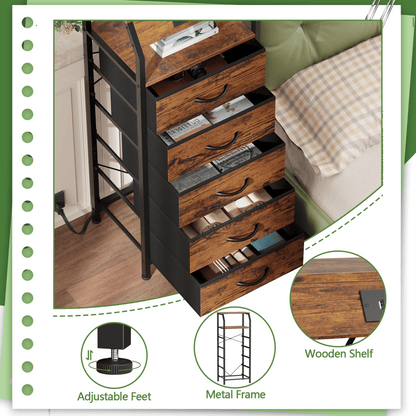 TYDIMOR Tall Dresser for Bedroom, 5 Drawer with Charging Station, Brown, Ideal for Adults