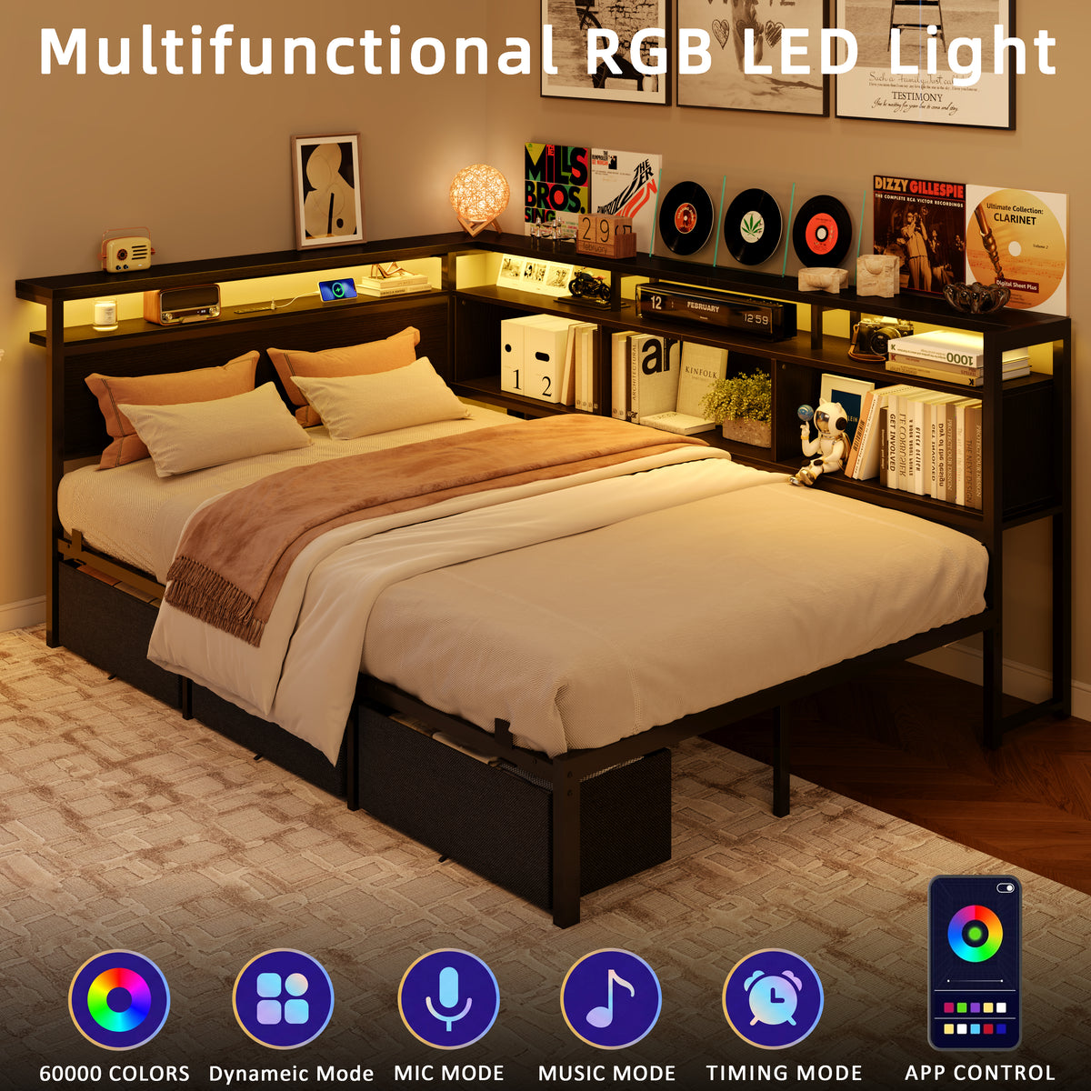 Satifur Full Bed Frame with L-Shaped LED Headboard, Charging Station & 3 Storage Drawers, Metal Platform Bed with Storage Shelves & Wooden Slats, Black Wood Grain