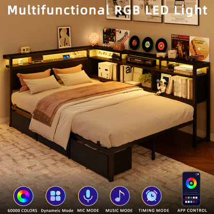Satifur Full Bed Frame with L-Shaped LED Headboard, Charging Station & 3 Storage Drawers, Metal Platform Bed with Storage Shelves & Wooden Slats, Black Wood Grain