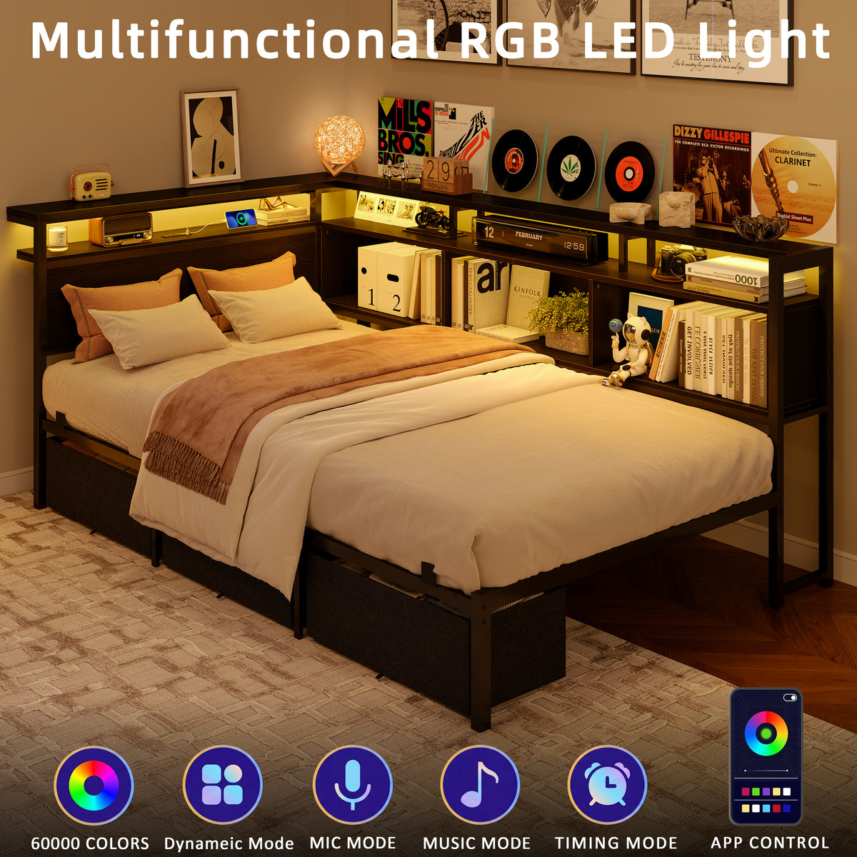 Satifur Twin Bed Frame with L-Shaped LED Headboard, Charging Station & 3 Storage Drawers, Metal Platform Bed with Storage Shelves & Wooden Slats, Black Wood Grain