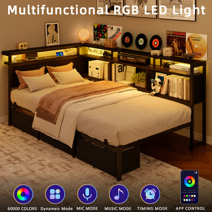Satifur Twin Bed Frame with L-Shaped LED Headboard, Charging Station & 3 Storage Drawers, Metal Platform Bed with Storage Shelves & Wooden Slats, Black Wood Grain