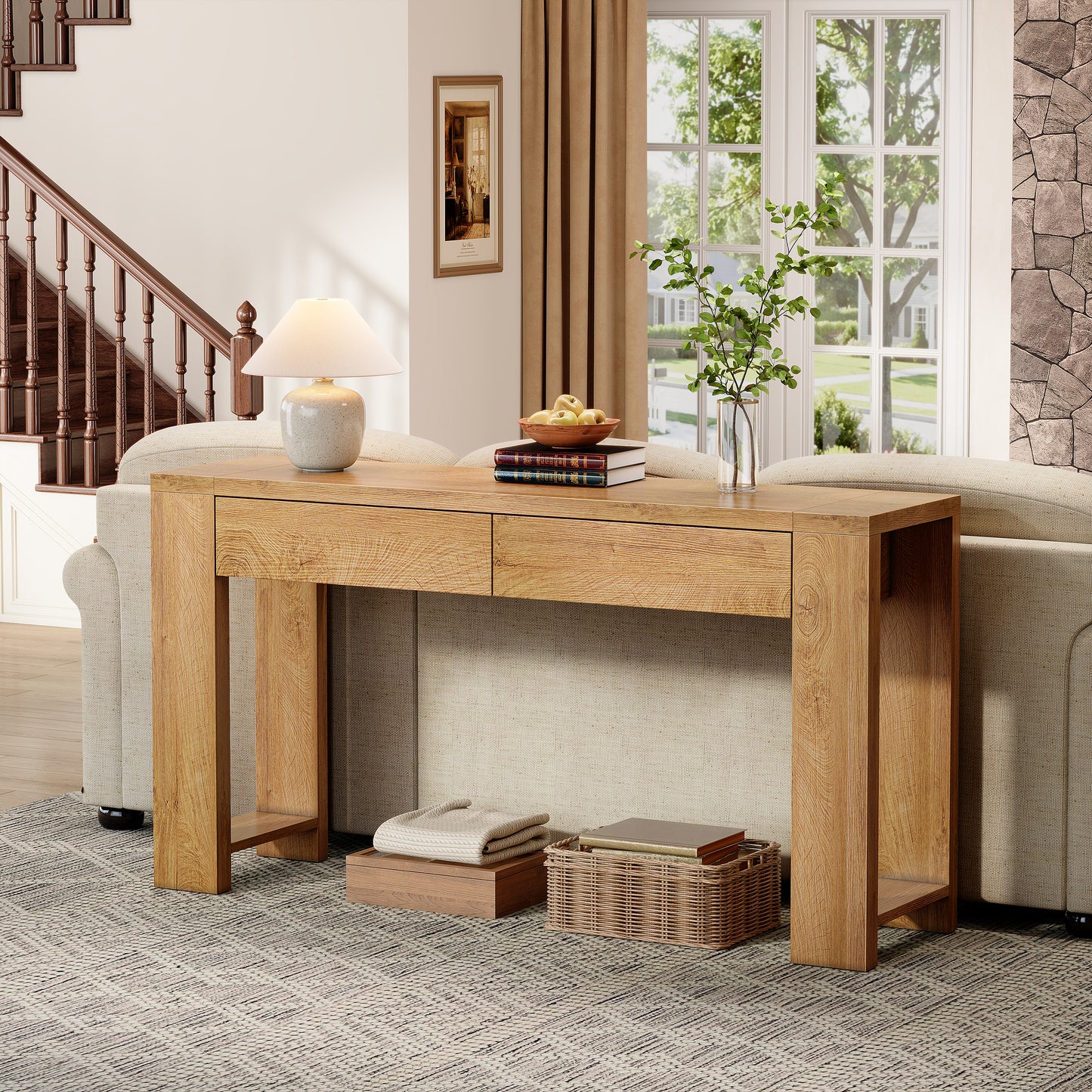 Satifur 60 Inch Wooden Console Table, Narrow Sofa Table Behind Couch with 2 Storage Drawers & 1.38" Thickened Tabletop, Long Entryway Table for Living Room Hallway, Natural Oak