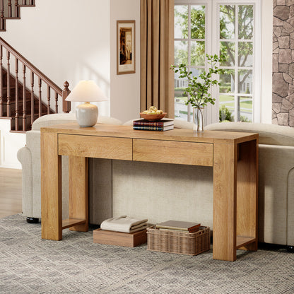 Satifur 60 Inch Wooden Console Table, Narrow Sofa Table Behind Couch with 2 Storage Drawers & 1.38" Thickened Tabletop, Long Entryway Table for Living Room Hallway, Natural Oak