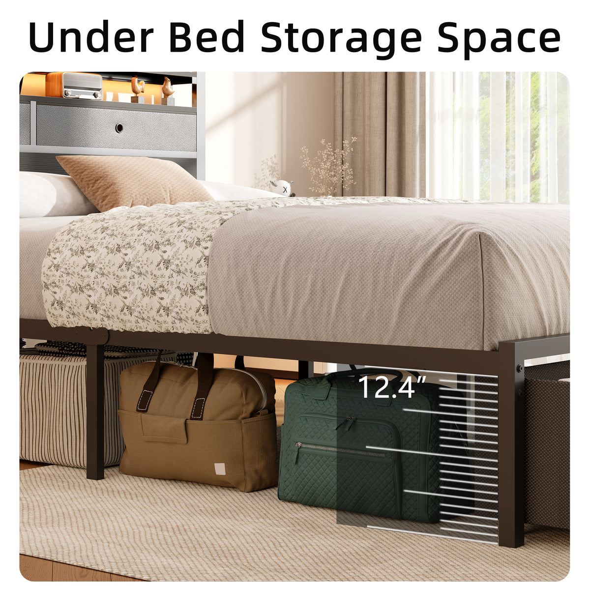 Satifur LED Full Bed Frame with Storage Headboard and Drawers,Heavy Duty Platform Bed with Charging Station, No Box Spring Needed