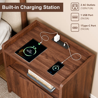 Satifur Nightstand with Charging Station, 1‑Drawer Bedside Table with Open Storage Shelf, Built‑in 2 AC Outlets USB‑A & Type‑C Power Station, CARB P2 MDF End Table for Bedroom Living Room
