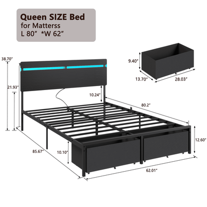 Tydimor Queen Size Bed Frame with 2 Drawers & LED Lights & Charging Station, Beds with Headboard & 10.10" Under Bed Storage, No Box Spring Needed, Easy Assembly, Black