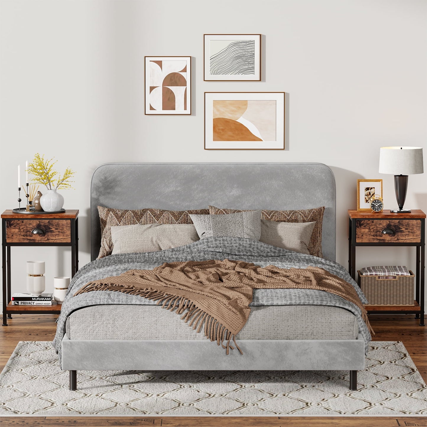 Satifur Set of 2 Nightstand for Bedroom,3-Tier End Table with Drawer,Rustic Brown