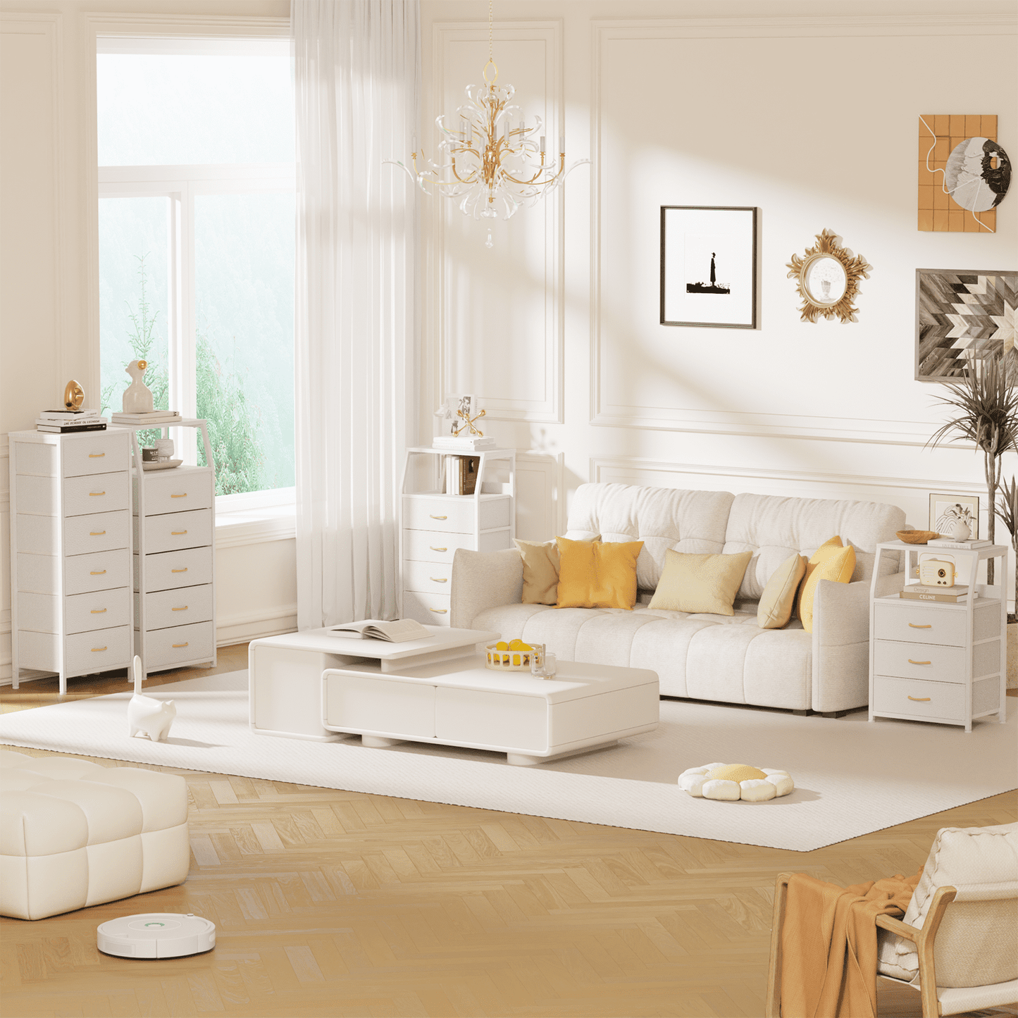 Satifur 5-Drawer Nightstand,Tall Fabric Dresser Storage End Table,for All Age,Metal Frame,White