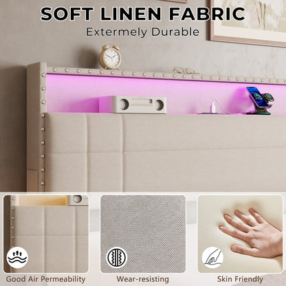 Tydimor Queen Bed Frame with Charging Station, Queen Upholstered Rivet Storage Headboard Platform Beds, Noise-Free, Easy Assembly, Beige