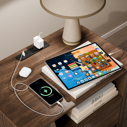 Satifur 2-Drawer Fluted Nightstand, Wood Bedside Table with Charging Station, End Table for Living Room Bedroom,Walnut,Set of 2