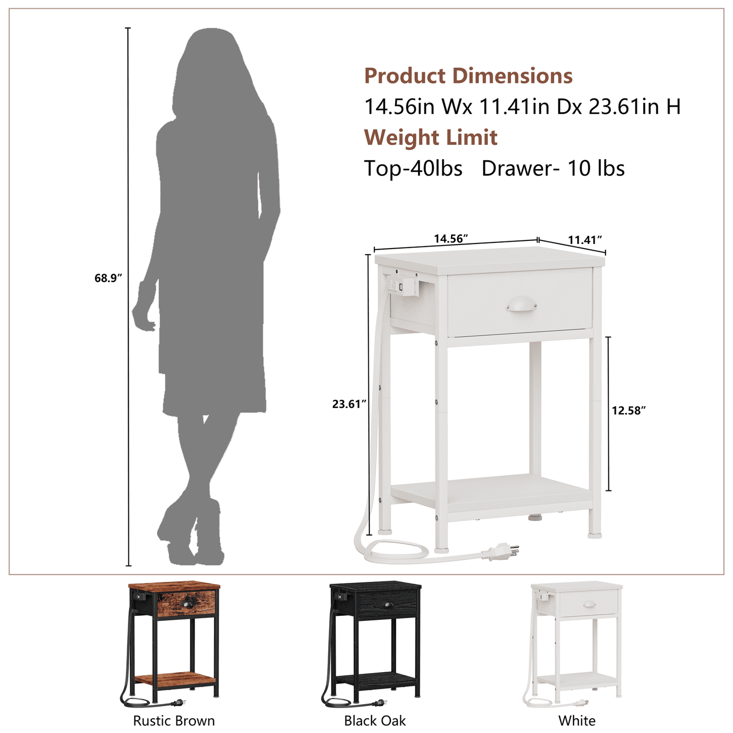 Satifur Set of 2 Nightstand with Charging Station for Bedroom,Side End Table with Outlets & USB Ports,White