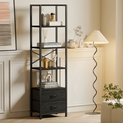 Satifur 5-Tier Bookshelf and Bookcase with 2 Removable Drawers, Narrow Display Shelf for Living Room, Black Oak