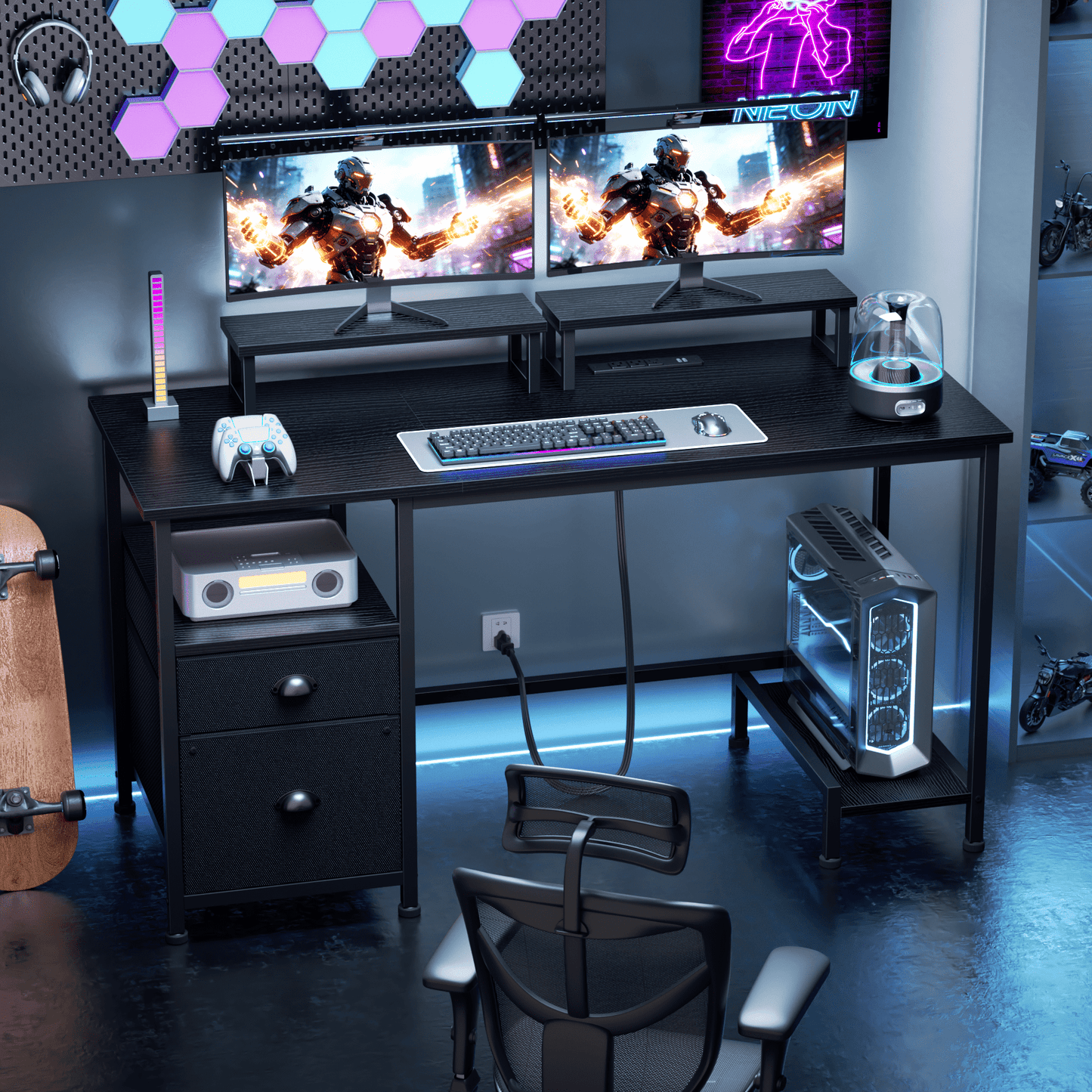Satifur 47" Black Computer Office Desk with Drawers & Charging Station, Gaming Desk with Movable Monitor Stands, Storage Shelves & File Cabinet