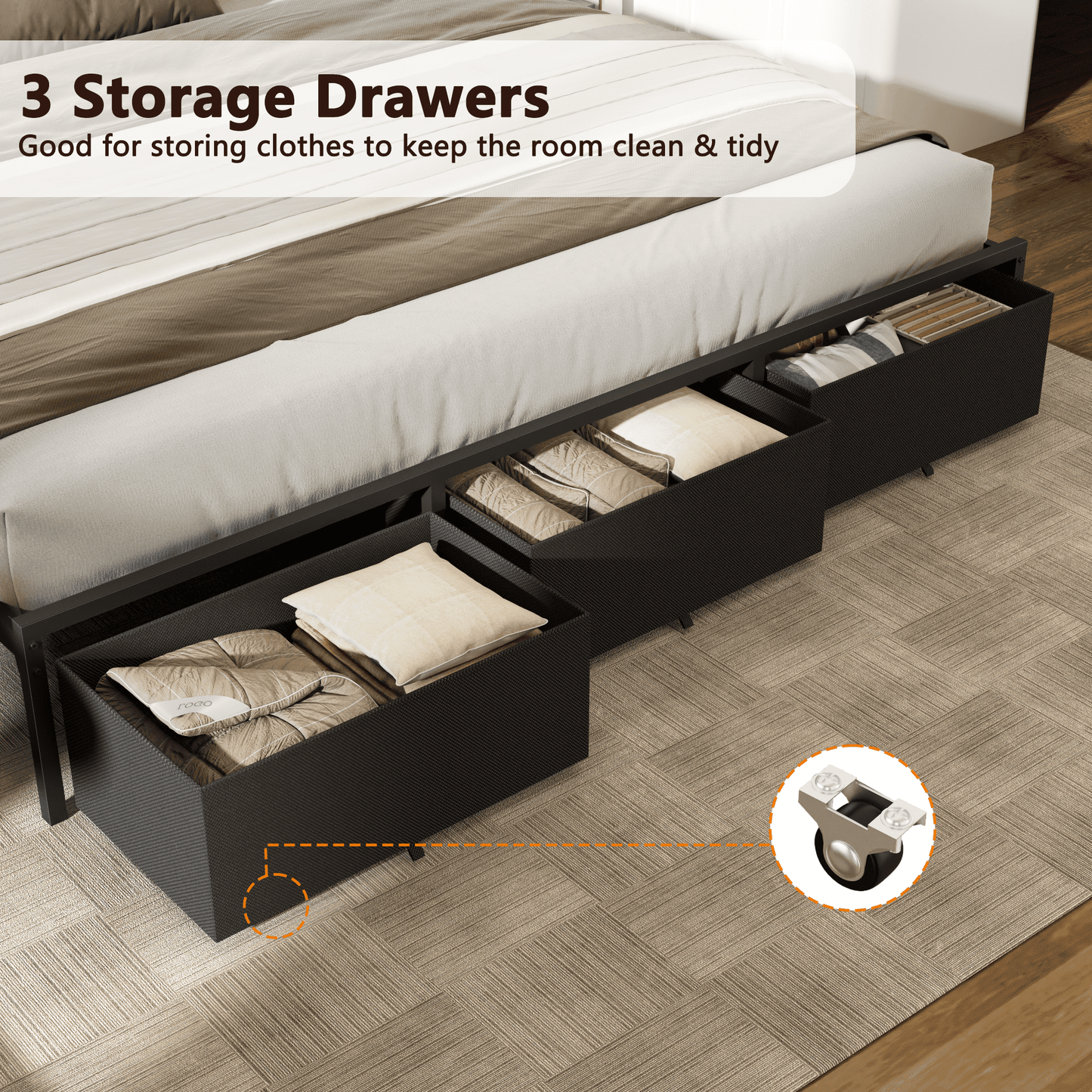 Tydimor King Size Bed Frame with 3 Drawers & LED Lights & Charging Station, Beds with Headboard & 10.10" Under Bed Storage, No Box Spring Needed, Easy Assembly, Black