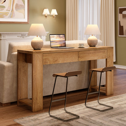 Satifur 60 Inch Wooden Console Table, Narrow Sofa Table Behind Couch with 2 Storage Drawers & 1.38" Thickened Tabletop, Long Entryway Table for Living Room Hallway, Natural Oak