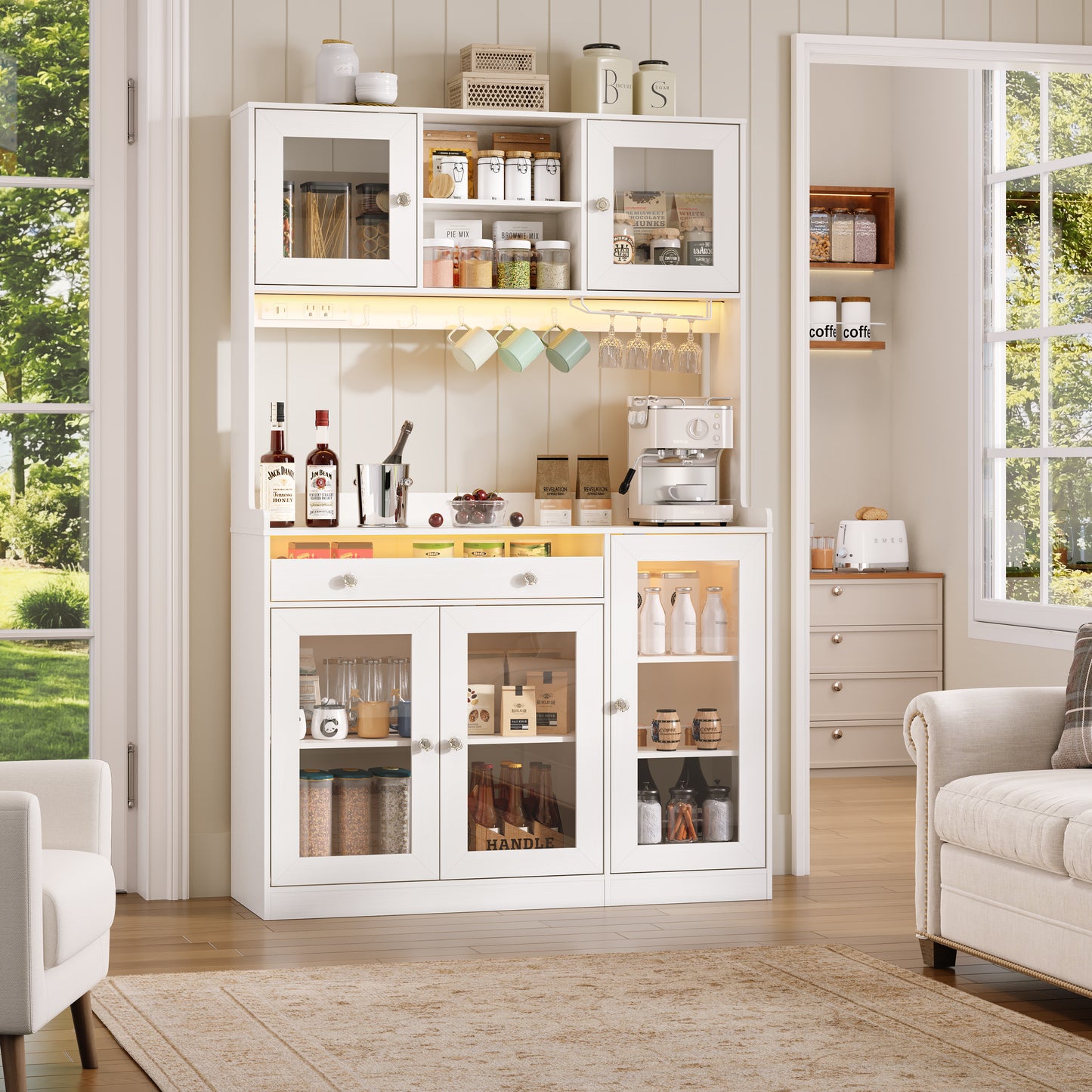 Tydimor 71" White Pantry Cabinet, Acrylic Display Buffet with LED Light Strip, Charging Station, Hooks & Wine Glass Rack, Freestanding Storage Cabinet for Kitchen Dining Room
