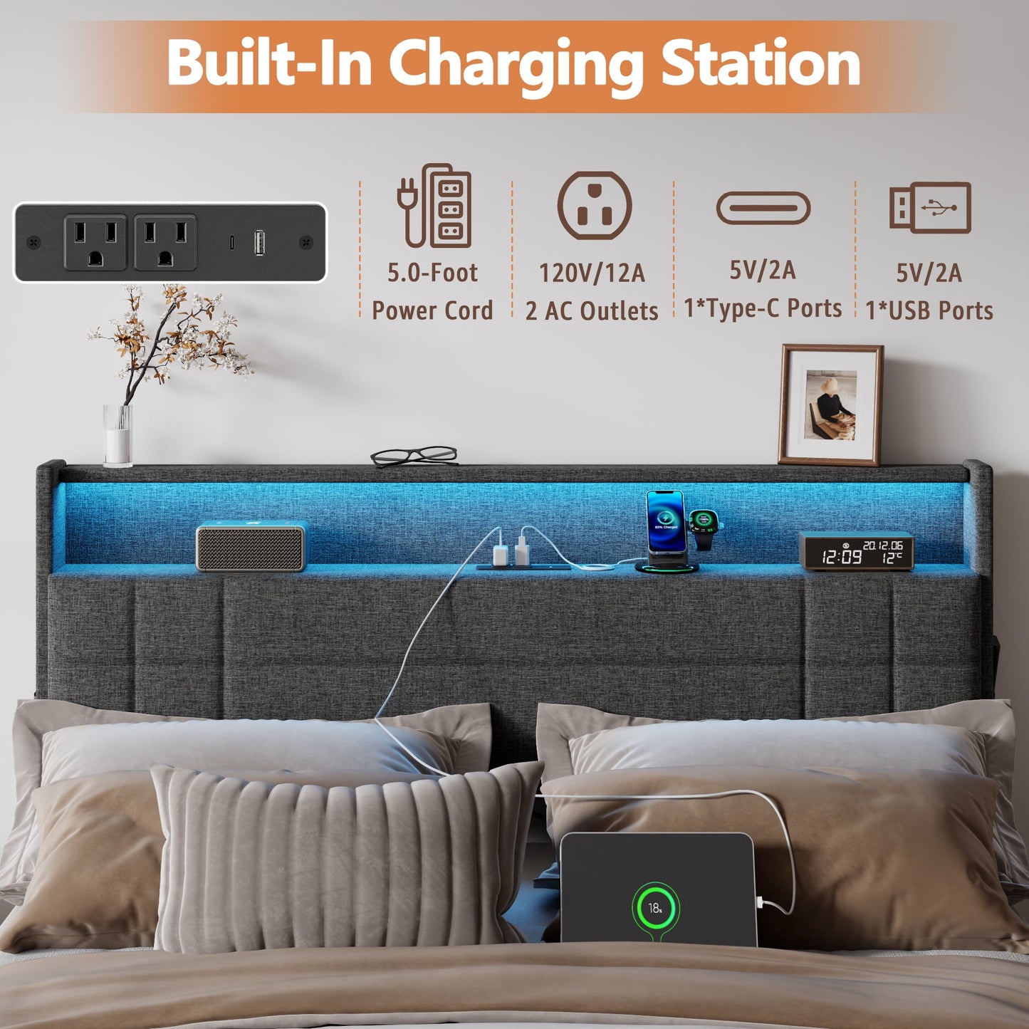 Tydimor Queen Bed Frame with Charging Station, Queen Upholstered Rivet Storage Headboard Platform Beds, Noise-Free, Easy Assembly, Dark Grey